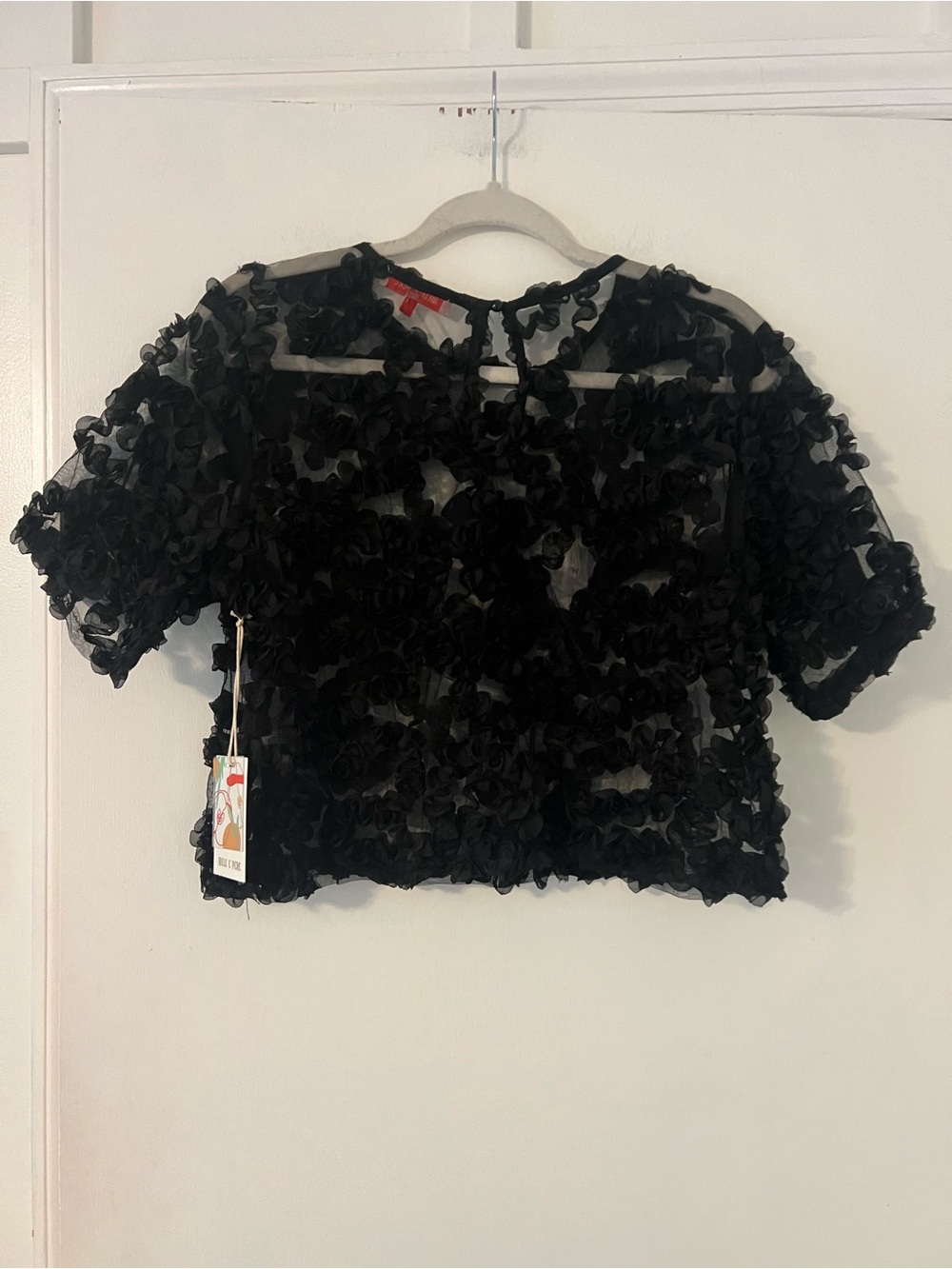 NWT mele e Pere Black Floral Appliqué Short Sleeve Top size S - Picture 5 of 12